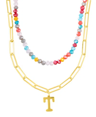 ADORNIA GOLD ADJUSTABLE LAYERED COLOR FAUX STONE BEADS AND PAPERCLIP CHAIN INITIAL NECKLACE