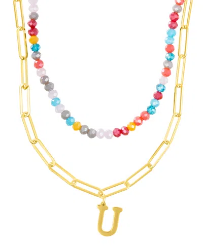 ADORNIA GOLD ADJUSTABLE LAYERED COLOR FAUX STONE BEADS AND PAPERCLIP CHAIN INITIAL NECKLACE