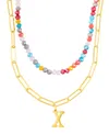 Adornia Gold Adjustable Layered Color Faux Stone Beads And Paperclip Chain Initial Necklace In Letter X