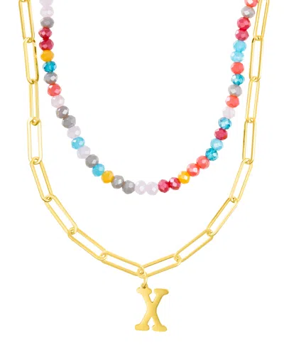 Adornia Gold Adjustable Layered Color Faux Stone Beads And Paperclip Chain Initial Necklace In Letter X