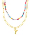 Adornia Gold Adjustable Layered Color Faux Stone Beads And Paperclip Chain Initial Necklace In Letter Y