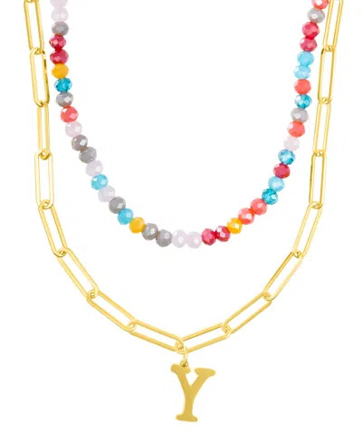 Adornia Gold Adjustable Layered Color Faux Stone Beads And Paperclip Chain Initial Necklace In Letter Y