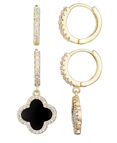 ADORNIA GOLD CUBIC ZIRCONIA HALO BLACK CLOVER HUGGIE SET