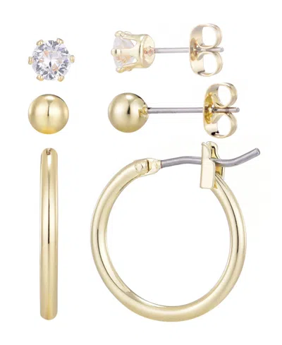 ADORNIA GOLD PLATED HOOP, SOLITAIRE AND BALL STUD SET