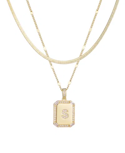 Adornia Gold Pave Tag Pendant And Herringbone Chain Initial Necklace Set