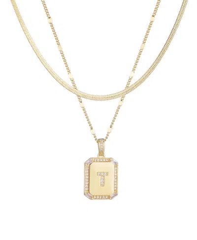 Adornia Gold Pave Tag Pendant And Herringbone Chain Initial Necklace Set