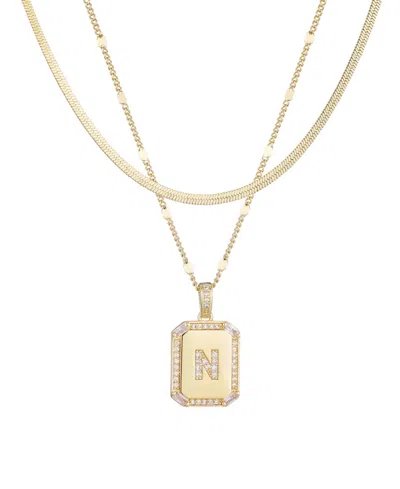 Adornia Gold Pave Tag Pendant And Herringbone Chain Initial Necklace Set
