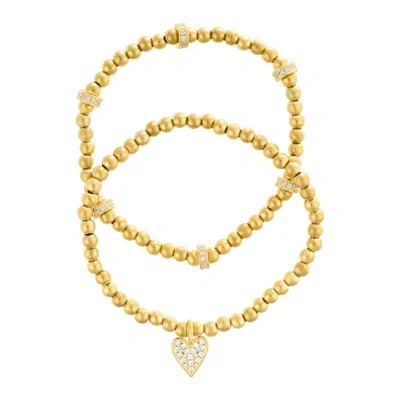 Adornia Gold Plated Pair Of Bead Bracelets With Crystal Heart
