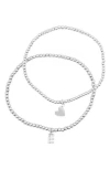 Adornia Initial & Heart 2-pack Stretch Bracelets In Silver-e