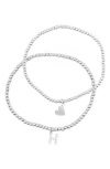 Adornia Initial & Heart 2-pack Stretch Bracelets In Silver-h