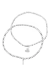 Adornia Initial & Heart 2-pack Stretch Bracelets In Silver-i