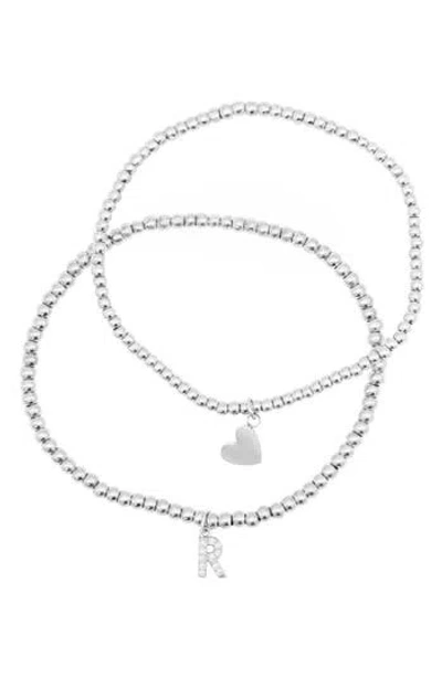 Adornia Initial & Heart 2-pack Stretch Bracelets In Silver-r