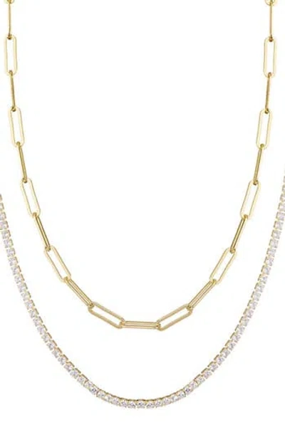 Adornia Layered Paper Clip Chain & Crystal Tennis Necklace In Gold