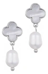 Adornia Silver Plated White Mother Of Pearl Clover And Freshwater Pearl Drop Earrings In Metallic