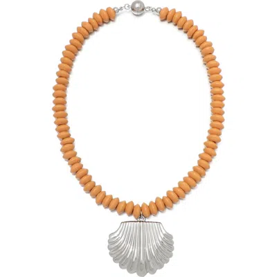 Adornia Silver Plated Oversized Shell Charm On A Wood Beaded Magnetic Clasp Chain In Burgundy