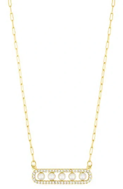Adornia Adjustable Cultivated Pearl Pave Bar Necklace In Gold