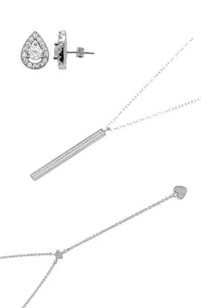 Adornia Pendant Lariat Necklaces & Halo Teardrop Stud Earrings Set In Silver