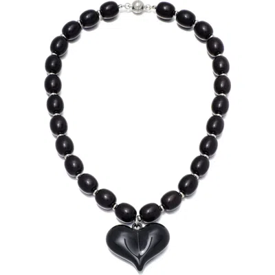 Adornia Puffy Heart Beaded Necklace In Black