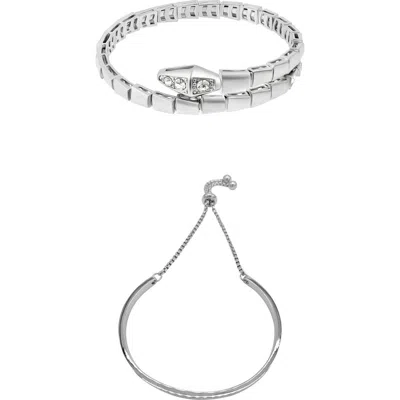 Adornia Set Of 2 Assorted Crystal Snake & Slider Bracelets In Silver