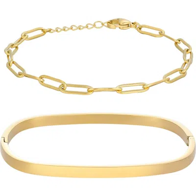 Adornia Tarnish Resistant 18k Gold Plated Rectangular Cuff And Paper Clip Chain Bracelet Set