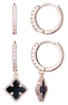 Adornia Set Of 2 Cubic Zirconia Huggie Hoop & Clover Drop Earrings In Black