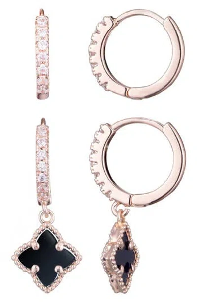 Adornia Set Of 2 Cubic Zirconia Huggie Hoop & Clover Drop Earrings In Black