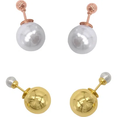 Adornia Set Of 2 Faux Pearl Ball Front/back Earrings In Gold