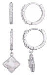 Adornia Silver Plated Halo White Mother Of Pearl Clover Cz Huggie Set In Metallic