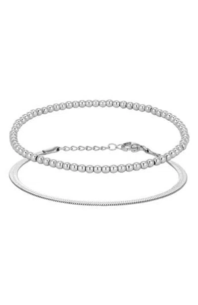 Adornia Tarnish Resistant Silver Herringbone And Beaded Bracelet Set In Metallic