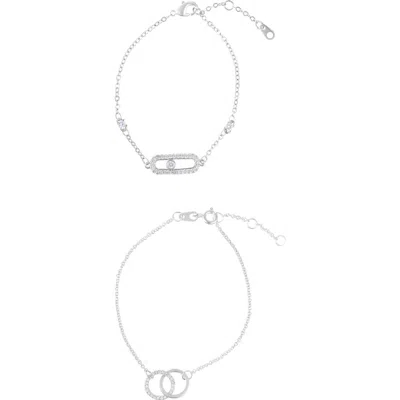 Adornia Set Of 2 Interlock Ring & Dancing Stone Bar Bracelets In White