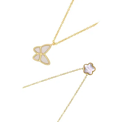 Adornia Set Of 2 Mother-of-pearl Butterfly & Clover Pendant Necklaces In Gold