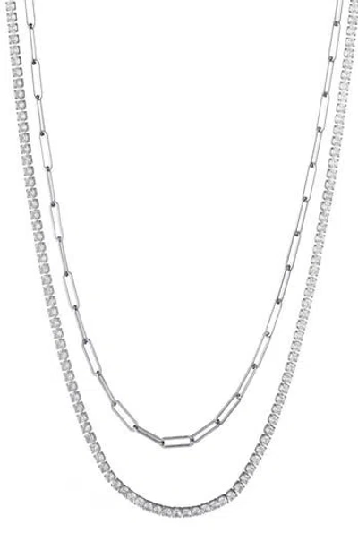 Adornia Set Of 2 Paper Clip & Tennis Necklaces In Silver