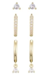 Adornia Set Of 3 Cubic Zirconia Stud & Huggie Hoop Earrings