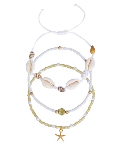 Adornia Set Of 3 Shell And Bead Anklet Set In White