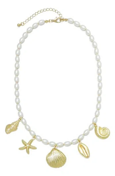 Adornia Gold Plated Chunky Pearl And Sea Charms Necklace In White