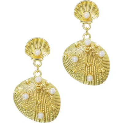 Adornia Gold Plated Pearl-studded Shell Drop Earrings