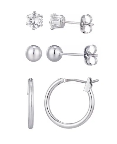 ADORNIA SILVER HOOP, SOLITAIRE AND BALL STUD EARRINGS SET