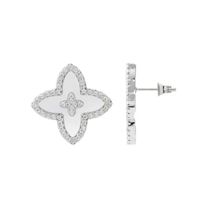 Adornia Silver Plated Cz Mother Of Pearl Statement Flower Stud In Metallic