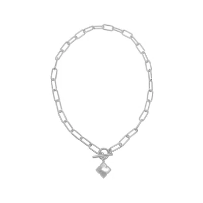 ADORNIA SILVER PLATED FLOWER WHITE MOTHER OF PEARL PAPER CLIP CHAIN TOGGLE NECKLACE