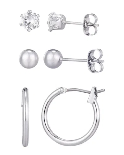 ADORNIA ADORNIA SILVER PLATED HOOP, SOLITAIRE & BALL STUD EARRINGS SET