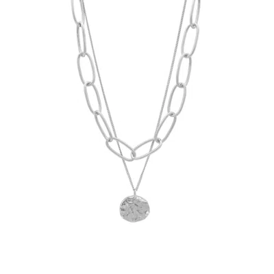 Adornia Silver Plated Oval Link Chain And Coin Pendant Layered Necklace