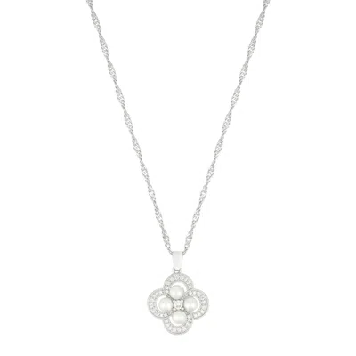 Adornia Silver Plated Pearl-studded Clover Necklace In White