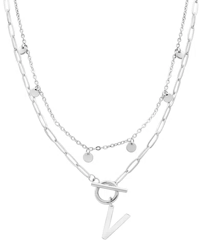 Adornia Silver Tarnish Resistant Confetti And Paperclip Layered Initial Toggle Necklace In Letter V