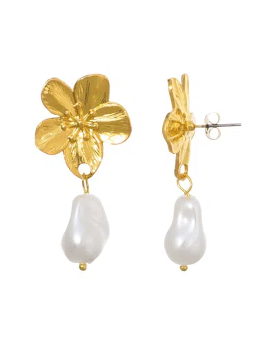 Adornia Tarnish Resistant 18k Gold Plated Statement Flower With Pearl Drop Earrings