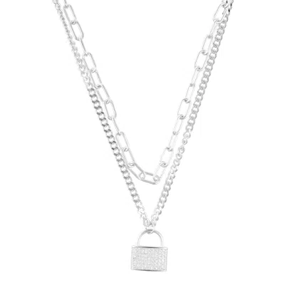 Adornia Sterling Silver Plated Adjustable Layered Chain Crystal Lock Necklace