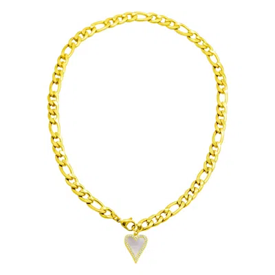 ADORNIA TARNISH RESISTANT 14K GOLD PLATED FIGARO CHAIN WITH CRYSTAL HALO MOTHER-OF-PEARL HEART