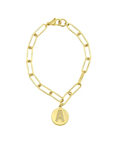 Adornia Tarnish Resistant 14k Gold-plated Pave Crystal Initial Disc Paperclip Bracelet In Gold- A