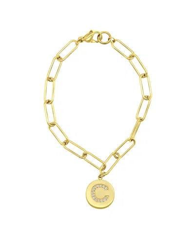 Adornia Tarnish Resistant 14k Gold-plated Pave Crystal Initial Disc Paperclip Bracelet In Gold- C