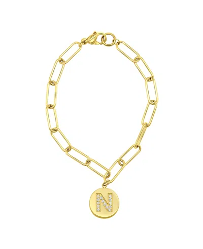 Adornia Tarnish Resistant 14k Gold-plated Pave Crystal Initial Disc Paperclip Bracelet In Gold- N