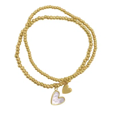 Adornia Tarnish Resistant 14k Gold Plated Set Of Heart Ball Bracelets With Mother-of-pearl In Yellow